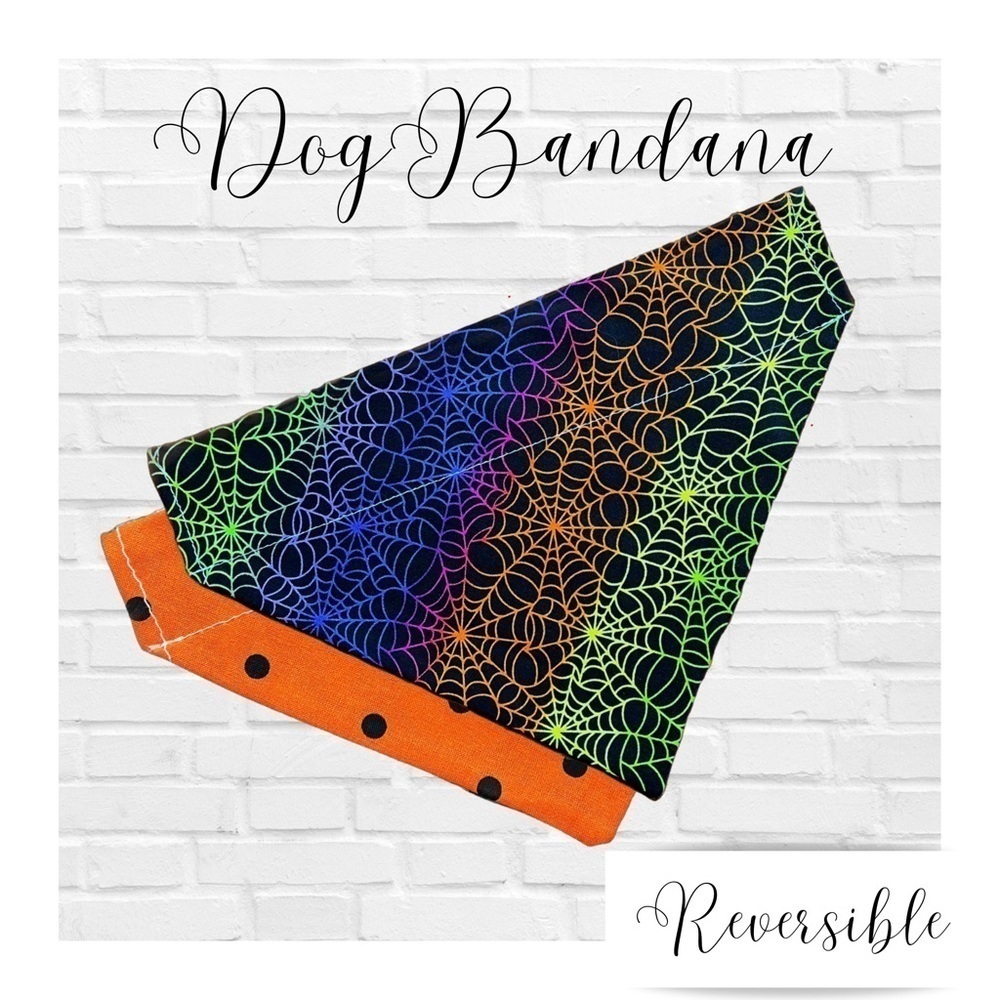 Halloween Spider Webs Handmade Reversible Over Collar Dog Bandana XS SM M La…